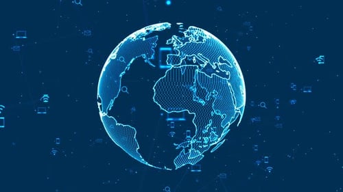 Digital Earth Globe with Global Network Connections and Technology Icons