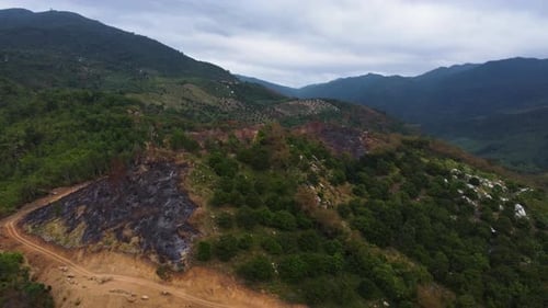 Aerial circle view over burned out patches in mountains of Vietnam. Deforestation