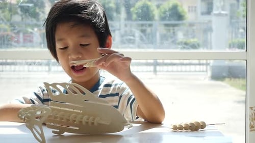 Lindo niño asiático construye un juguete de madera en cámara lenta