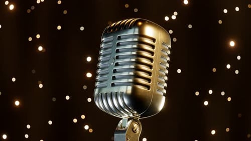 The shiny vintage microphone. Old classic mic. Rock star. Retro music sound.