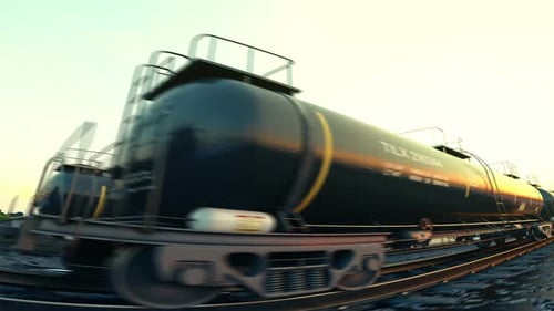 Animación en bucle de vagones cisterna. El sol brillante se refleja en la superficie del vagón.