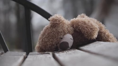 Brown Teddy Bear Lying on Bench with Blurred Curly-haired Girl Having Fun at the Background. Close