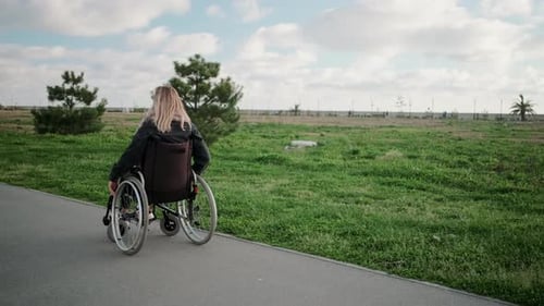 Happy Young Woman Is Whirling Her Body in Wheelchair in Park Area in Sunny Day