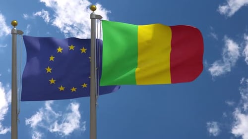 European Union and Mali Flags Waving in Wind