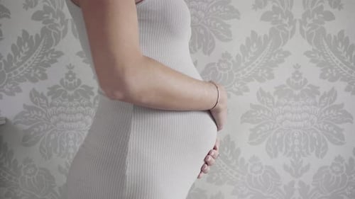 Pregnant Woman Holds Her Belly in an Indoor Setting