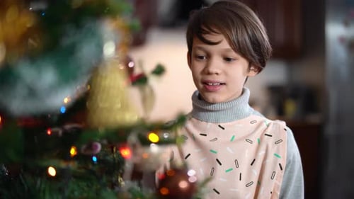 Boy Decorating Christmas Tree with Colorful Ornaments