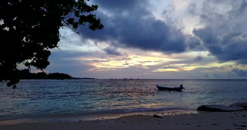 Luxury flying abstract view of a paradise sunny white sand beach and aqua blue water background in c