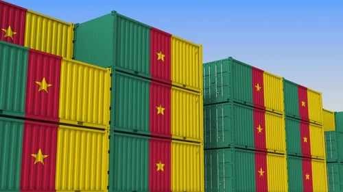 Container Yard Full of Containers with Flag of Cameroon
