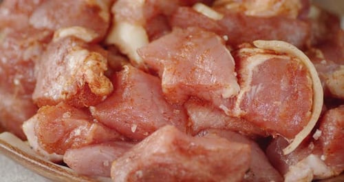 Raw Pork Kebab with Spices Slowly Rotates.