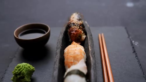 Close-up of Elegant Sushi Platter with Soy Sauce