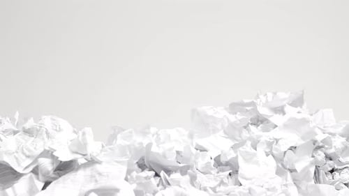 Woman Office Worker Gets Up From Under Pile of Crumpled Work Documents Back View
