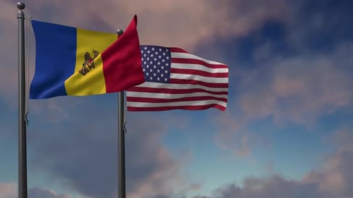 Moldova Flag Waving Along With The National Flag Of The USA - 4K