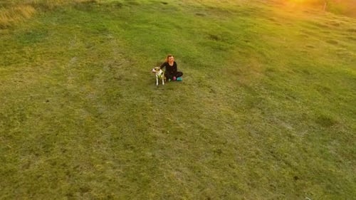 Woman Petting Dog on Grassy Hill at Sunset