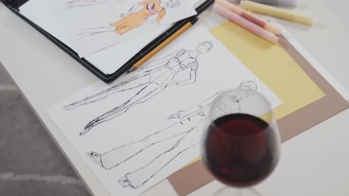 Weinglas und Modeskizzen auf Designer-Arbeitstisch