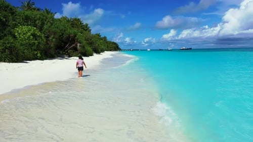 Lady alone loves life on marine seashore beach holiday by turquoise ocean with white sandy backgroun