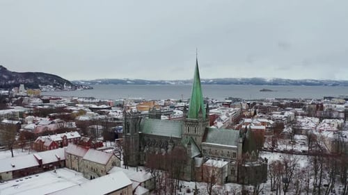 Aerial View Over Trondheim, Norway Winter