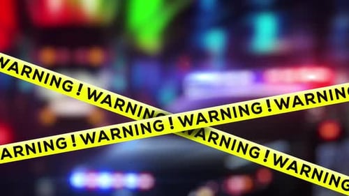 Animated Warning Tape Over Blurry Flashing Emergency Lights