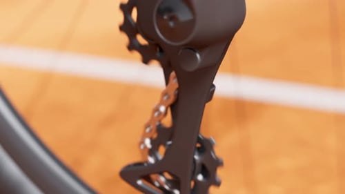 Close-up view at the drive mechanism in a bike. Climbing camera. Gears. 4k HD