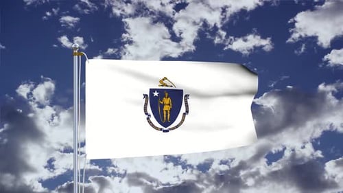 Realistic 3D Massachusetts State Flag Waving in Cloudy Sky