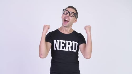 Studio Shot of Happy Nerd Man Looking Excited