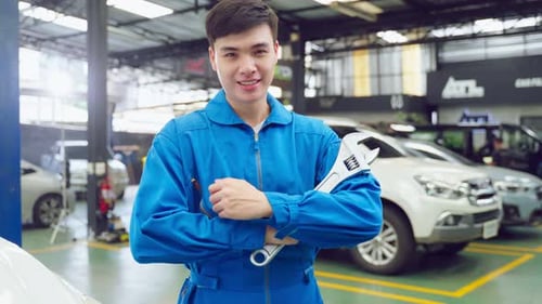 Portrait of Asian handsome automotive mechanic men standing in garage.