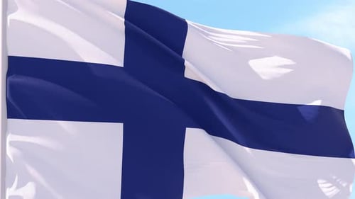 Realistic Waving Finland Flag Against Blue Sky