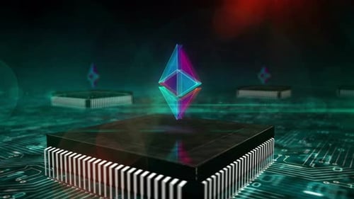 Glowing Ethereum Symbol on Futuristic Circuit Board Background