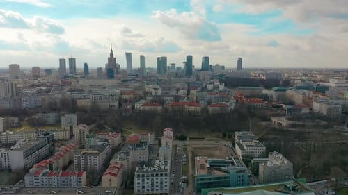 Establishing Aerial Shot of Warsaw Downtown in the Evening, Poland. Video