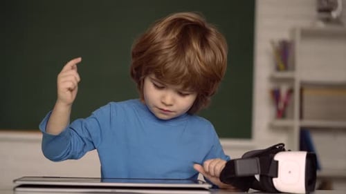 Kid with Tablet for Homework Child Doing Using Digital Laptop