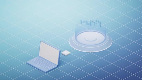 Laptop Connecting to Data Unit Showing Financial Candlestick Chart