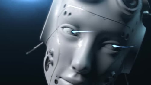 Kritischer Fehler in der künstlichen Intelligenz. Roboterkopf zuckt und schüttelt Nahaufnahme