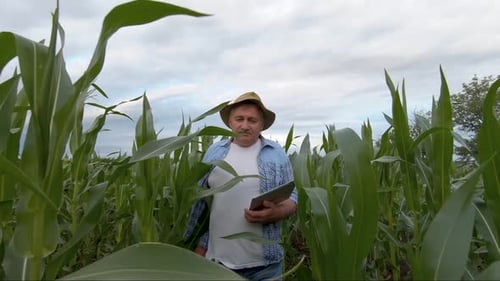 Adult Farmer Holds Tablet in the Corn Field and Examining Crops. Agronomist Examine Corn Plant in