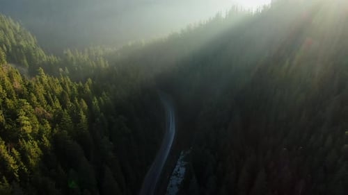 Drone View of Asphalt Road with Cars Going Through Mountains Covered with Green Forest Trees in