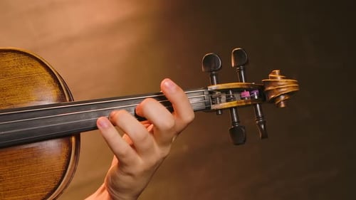 Musician Woman Playing the Violin. Hands of Musician, Close Up View. Slow Motion.
