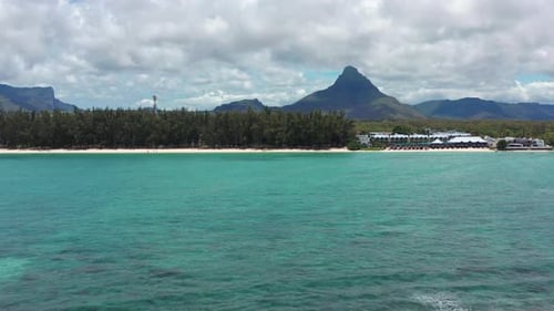 Aerial View Mauritius Low Angle View with Drone People Enjoying a Sunny Day on the Shore with Palm