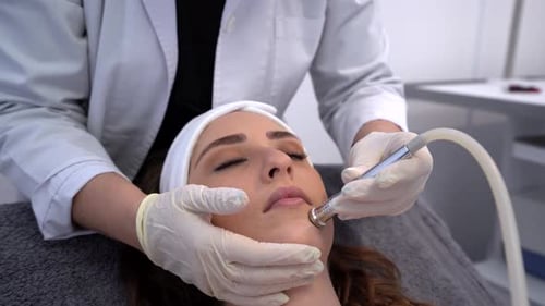 Cosmetologist doing microdermabrasion procedure for woman in clinic