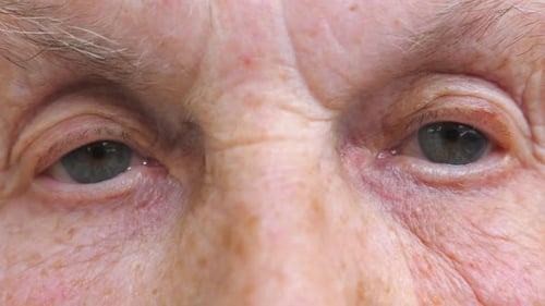 Portrait of Elderly Woman Watching Pensive Into Camera and Blinking. Close Up of Wrinkled Female