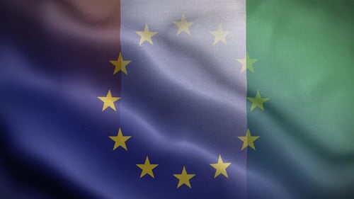 European Union and Italy Flags Waving Together, Symbolizing Alliance