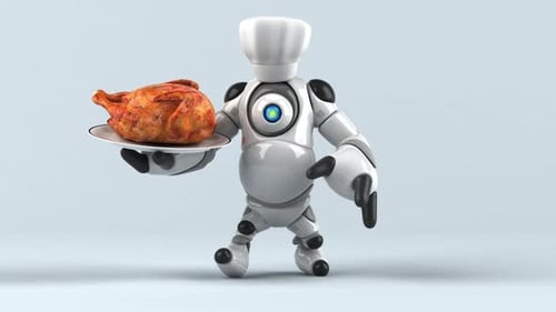 Animated Robot Chef Serving Roasted Chicken