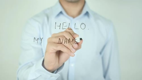 Man Writes Hello My Name Is on Glass