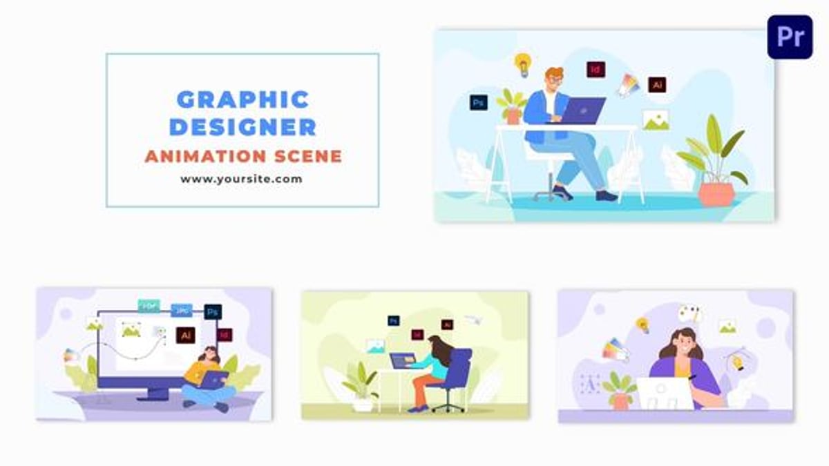 Animated Graphic Designer Flat Character Animation Scene, Elements ft ...