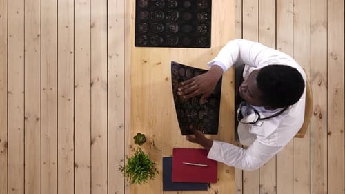 Doctor Studies Brain Scan in Office Setting