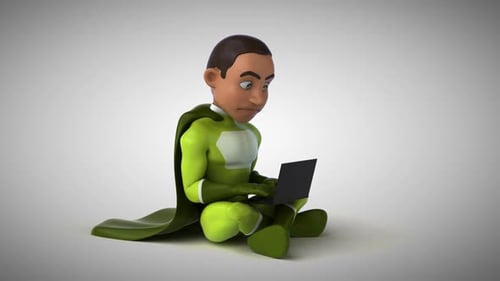 Fun 3D cartoon superhero typing on a laptop