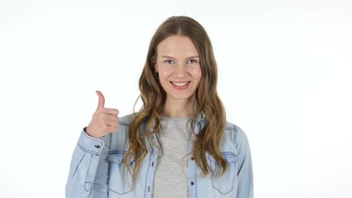 Woman Smiles and Gives Thumbs Up on White