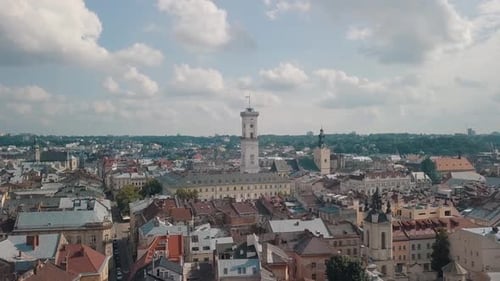 Aerial Drone Footage of European City Lviv, Ukraine. Flight Above Popular Ancient Part of Old Town