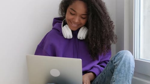 Happy Attractive African American Girl Working Office Work Remotely From Home Black Woman Using