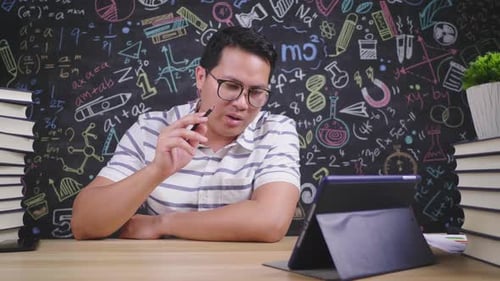 Happy teacher glasses man teaching via tablet