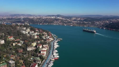 Istanbul Bebek Bosphorus Aerial View Cargo Ship And Bridge 3
