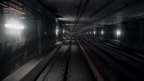 Back Cabin View of Driverless Metro Train Moving Through Underground Tunnel