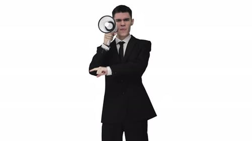 Young Adult Shouting into a Megaphone, Making Gestures